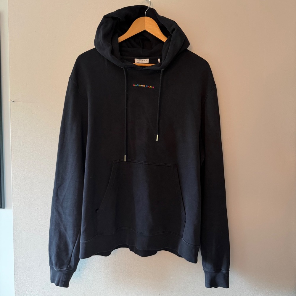 Sandro Paris Mens Rainbow Embroidered Logo Hoodie navy Sweatshirt L XL